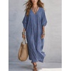 image:imagechouyatou Womens Boho Striped Loose Shift Maxi Dress Short Sleeve Beach Cover Up Caftan Long Dress with Side SlitNavy