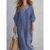 image:imagechouyatou Womens Boho Striped Loose Shift Maxi Dress Short Sleeve Beach Cover Up Caftan Long Dress with Side SlitNavy