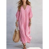 image:imagechouyatou Womens Boho Striped Loose Shift Maxi Dress Short Sleeve Beach Cover Up Caftan Long Dress with Side SlitPink