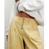 image:imagechouyatou Womens Boyfriend Baggy Jeans Flare Wide Leg Denim Pants Elastic Waist Button Pleated Culotte JeansYellow
