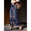 image:imagechouyatou Womens Floral Boho Denim Skirt Front Slit Long Jean SkirtPink Blue