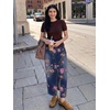 image:imagechouyatou Womens Floral Boho Denim Skirt Front Slit Long Jean SkirtPink Blue