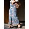 image:imagechouyatou Womens Floral Boho Denim Skirt Front Slit Long Jean SkirtPink Light Blue