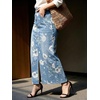 image:imagechouyatou Womens Floral Boho Denim Skirt Front Slit Long Jean SkirtWhite Light Blue