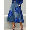 image:imagechouyatou Womens Floral Printed A Line Flared Denim Skirt Flowy Color Block Midi Jean Skirt with PocketsBlue
