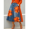image:imagechouyatou Womens Floral Printed A Line Flared Denim Skirt Flowy Color Block Midi Jean Skirt with PocketsBlue Orange