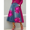 image:imagechouyatou Womens Floral Printed A Line Flared Denim Skirt Flowy Color Block Midi Jean Skirt with PocketsBlue Pink