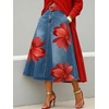image:imagechouyatou Womens Floral Printed A Line Flared Denim Skirt Flowy Color Block Midi Jean Skirt with PocketsBlue Red
