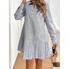 image:imagechouyatou Womens Long Sleeve Lapel Striped Polo Shirt Dress Pleated Flare Midi Cotton Skater DressBlack