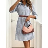 image:imagechouyatou Womens Long Sleeve Lapel Striped Polo Shirt Dress Pleated Flare Midi Cotton Skater DressBlack