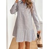 image:imagechouyatou Womens Long Sleeve Lapel Striped Polo Shirt Dress Pleated Flare Midi Cotton Skater DressBrown