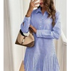 image:imagechouyatou Womens Long Sleeve Lapel Striped Polo Shirt Dress Pleated Flare Midi Cotton Skater DressDark Blue