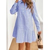 image:imagechouyatou Womens Long Sleeve Lapel Striped Polo Shirt Dress Pleated Flare Midi Cotton Skater DressDark Blue