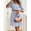 image:imagechouyatou Womens Long Sleeve Lapel Striped Polo Shirt Dress Pleated Flare Midi Cotton Skater DressLight Blue