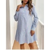 image:imagechouyatou Womens Long Sleeve Lapel Striped Polo Shirt Dress Pleated Flare Midi Cotton Skater DressLight Blue