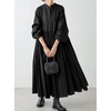image:imagechouyatou Womens Loose Bishop Sleeve Maxi Shirt Dress Band Collar Cotton Button Down ALine Swing DressBlack