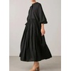 image:imagechouyatou Womens Loose Bishop Sleeve Maxi Shirt Dress Band Collar Cotton Button Down ALine Swing DressBlack