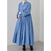 image:imagechouyatou Womens Loose Bishop Sleeve Maxi Shirt Dress Band Collar Cotton Button Down ALine Swing DressBlue