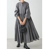 image:imagechouyatou Womens Loose Bishop Sleeve Maxi Shirt Dress Band Collar Cotton Button Down ALine Swing DressGrey