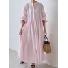 image:imagechouyatou Womens Loose Bishop Sleeve Maxi Shirt Dress Band Collar Cotton Button Down ALine Swing DressPink