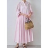 image:imagechouyatou Womens Loose Bishop Sleeve Maxi Shirt Dress Band Collar Cotton Button Down ALine Swing DressPink