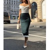 image:imagechouyatou Womens Sexy Stretchy Bodycon Ribbed Knit Skirt Package Hip Color Block Mermaid Ruffle Midi Long SkirtBlackish Green