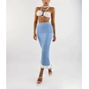 image:imagechouyatou Womens Sexy Stretchy Bodycon Ribbed Knit Skirt Package Hip Color Block Mermaid Ruffle Midi Long SkirtBlue