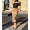 image:imagechouyatou Womens Sexy Stretchy Bodycon Ribbed Knit Skirt Package Hip Color Block Mermaid Ruffle Midi Long SkirtKhaki