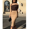 image:imagechouyatou Womens Sexy Stretchy Bodycon Ribbed Knit Skirt Package Hip Color Block Mermaid Ruffle Midi Long SkirtKhaki