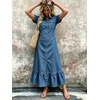 image:imagechouyatou Womens Short Sleeve Tiered Ruffle A Line Denim Shirt DressBlue