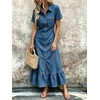 image:imagechouyatou Womens Short Sleeve Tiered Ruffle A Line Denim Shirt DressBlue