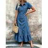 image:imagechouyatou Womens Short Sleeve Tiered Ruffle A Line Denim Shirt DressBlue