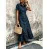 image:imagechouyatou Womens Short Sleeve Tiered Ruffle A Line Denim Shirt DressDark Blue