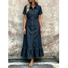 image:imagechouyatou Womens Short Sleeve Tiered Ruffle A Line Denim Shirt DressDark Blue