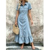 image:imagechouyatou Womens Short Sleeve Tiered Ruffle A Line Denim Shirt DressLight Blue