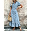 image:imagechouyatou Womens Short Sleeve Tiered Ruffle A Line Denim Shirt DressLight Blue