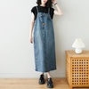 image:imagechouyatou Womens Sleeveless Denim Overall Dress Loose Baggy Pinafore Midi Jean DressBlue