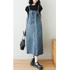 image:imagechouyatou Womens Sleeveless Denim Overall Dress Loose Baggy Pinafore Midi Jean DressBlue