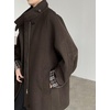 image:imagechouyatou Womens Stand Collar Wool Barn Jacket Vintage Plaid Trench Coat Zip Up Wool Blend Peacoat with PocketsCoffee Brown