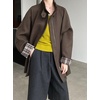 image:imagechouyatou Womens Stand Collar Wool Barn Jacket Vintage Plaid Trench Coat Zip Up Wool Blend Peacoat with PocketsCoffee Brown