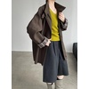 image:imagechouyatou Womens Stand Collar Wool Barn Jacket Vintage Plaid Trench Coat Zip Up Wool Blend Peacoat with PocketsCoffee Brown