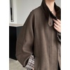 image:imagechouyatou Womens Stand Collar Wool Barn Jacket Vintage Plaid Trench Coat Zip Up Wool Blend Peacoat with PocketsCoffee Brown