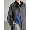 image:imagechouyatou Womens Stand Collar Wool Barn Jacket Vintage Plaid Trench Coat Zip Up Wool Blend Peacoat with PocketsGray