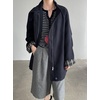 image:imagechouyatou Womens Stand Collar Wool Barn Jacket Vintage Plaid Trench Coat Zip Up Wool Blend Peacoat with PocketsNavy