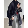 image:imagechouyatou Womens Stand Collar Wool Barn Jacket Vintage Plaid Trench Coat Zip Up Wool Blend Peacoat with PocketsNavy