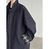 image:imagechouyatou Womens Stand Collar Wool Barn Jacket Vintage Plaid Trench Coat Zip Up Wool Blend Peacoat with PocketsNavy