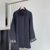 image:imagechouyatou Womens Stand Collar Wool Barn Jacket Vintage Plaid Trench Coat Zip Up Wool Blend Peacoat with PocketsNavy