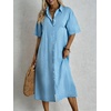 image:imagechouyatou Womens Summer Cotton Linen Shirt Dress Short Sleeve Casual Loose Tunic Dress Boho Beach Midi Long DressBlue