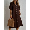image:imagechouyatou Womens Summer Cotton Linen Shirt Dress Short Sleeve Casual Loose Tunic Dress Boho Beach Midi Long DressCoffee