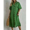 image:imagechouyatou Womens Summer Cotton Linen Shirt Dress Short Sleeve Casual Loose Tunic Dress Boho Beach Midi Long DressGreen